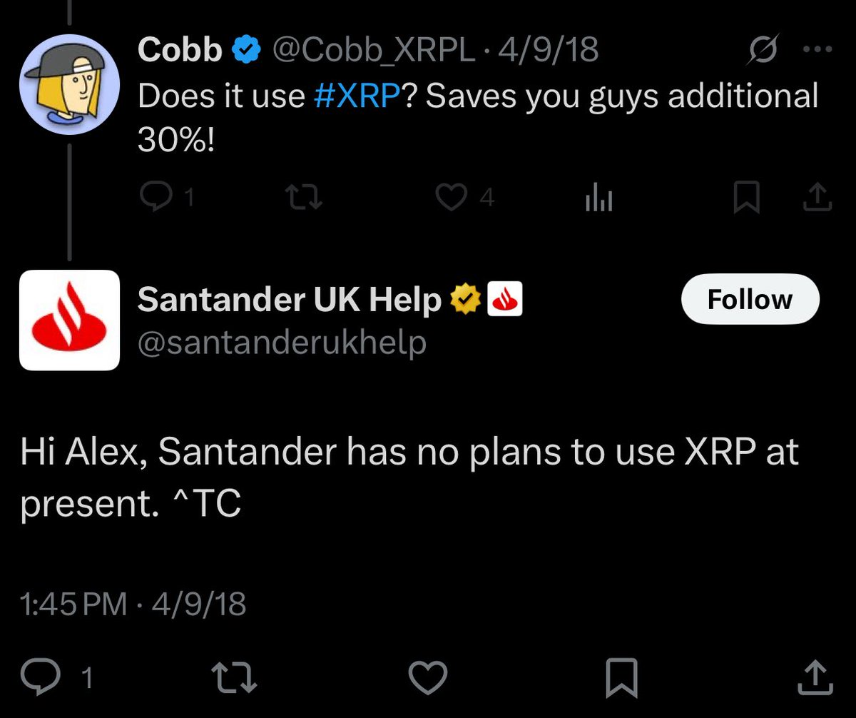 ScamDetective5's tweet image. More lies from @SMQKEDQG. American Express, Bank of America and Santander donβt use XRP.
Here is Santander even telling you directly.
Remember, current XRP price is reflective of many people believing this bullshit, wait until they realize the truth.