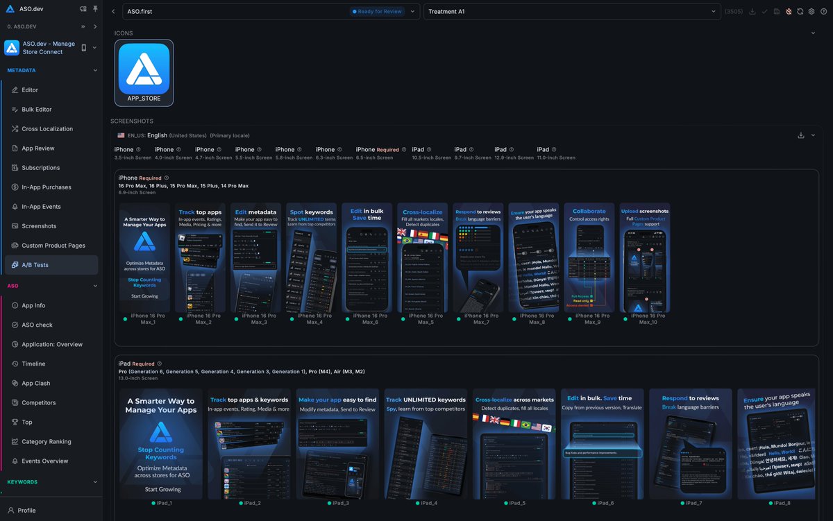 You'll soon be able to A/B test different versions of your App Store product page - right from ASO.dev

🔹Experiment with screenshots without publishing a new app version
🔹 Experiment with app icons included in build
🔹Enjoy the same seamless workflow as with CPP