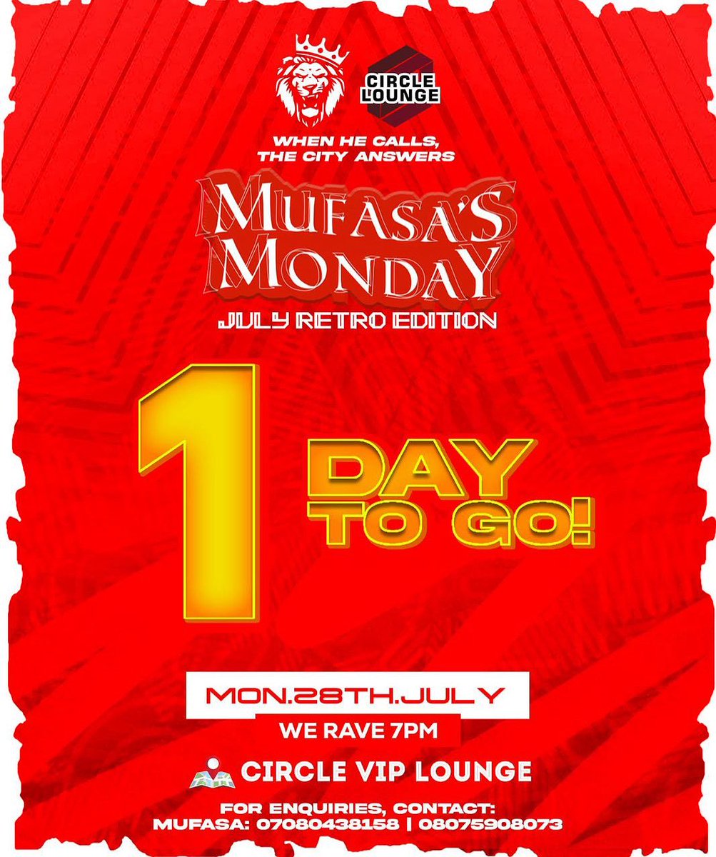 InsideOsogbo's tweet image. Tomorrow, we RAVE!!! 🔥 🔥 🔥
One location ! One rave! The Retro experience!
MUFASA’S MONDAY (THE JULY RETRO EDITION) 🔴🪩🔴
🕘: 7:00pm
📍: Circle VIP Lounge, Òṣogbo
Make plans to be there...