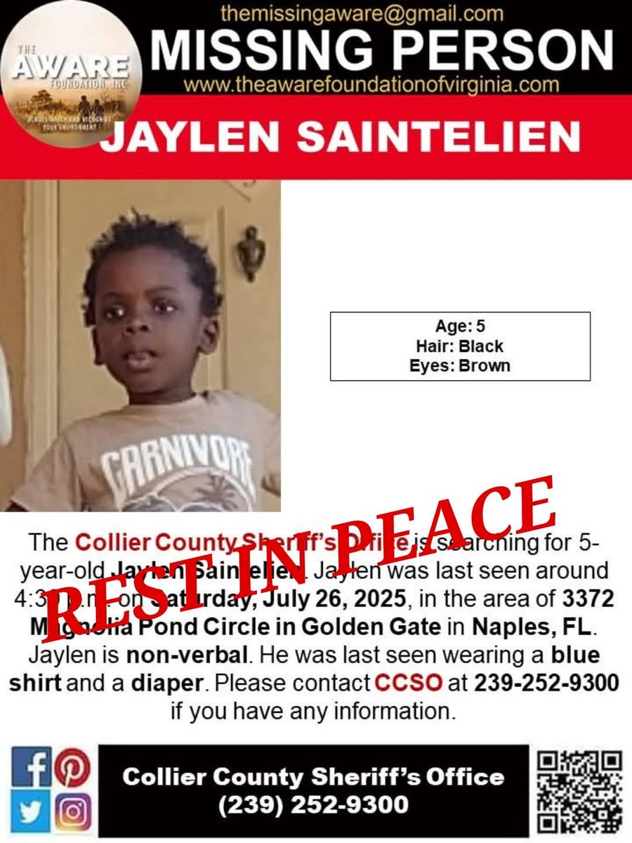 aware_the's tweet image. UPDATE: The Collier County Sheriff’s Office is working a death investigation after recovering the body of a missing child in a pond near the family’s home.
Deputies say the family had just moved into a residence on Magnolia Pond Circle and were unpacking when they noticed…