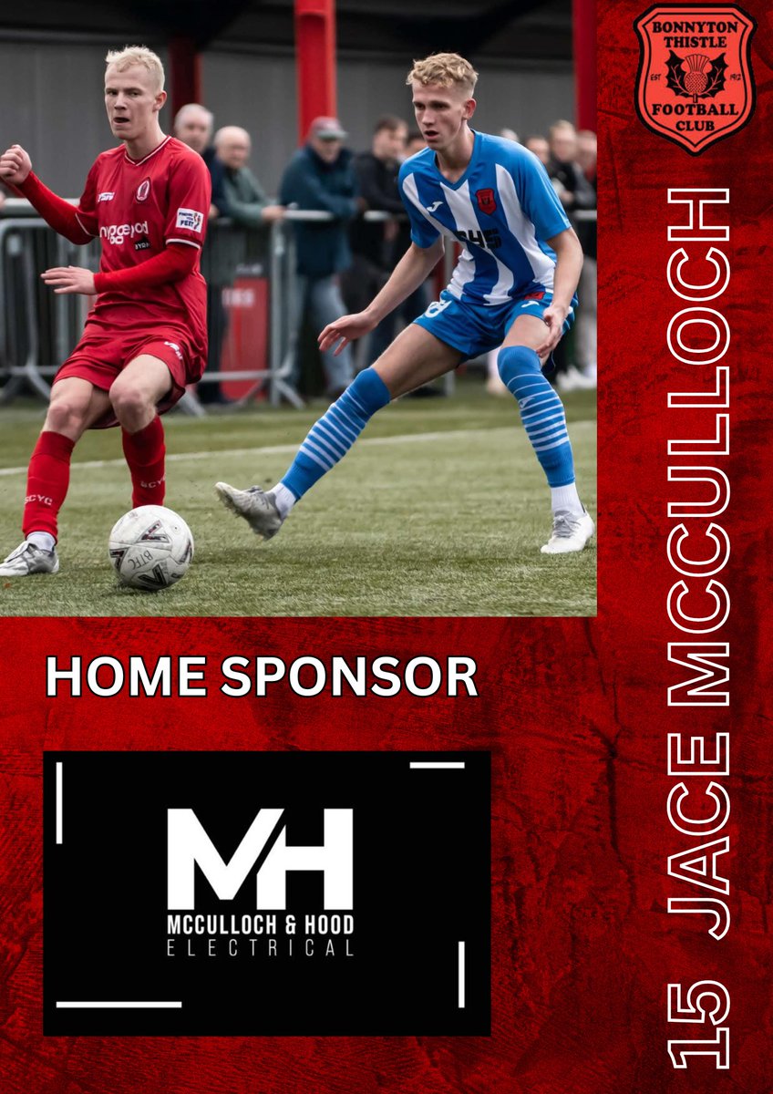 Bonnyton1912's tweet photo. Thanks to McCulloch &amp; Hood Electrical for sponsoring Jace McCulloch home kit this season. Away Kit is still available for sponsor. Contact Commercial@Bonnytonthistle.co.uk https://t.co/BiK6We3BHE