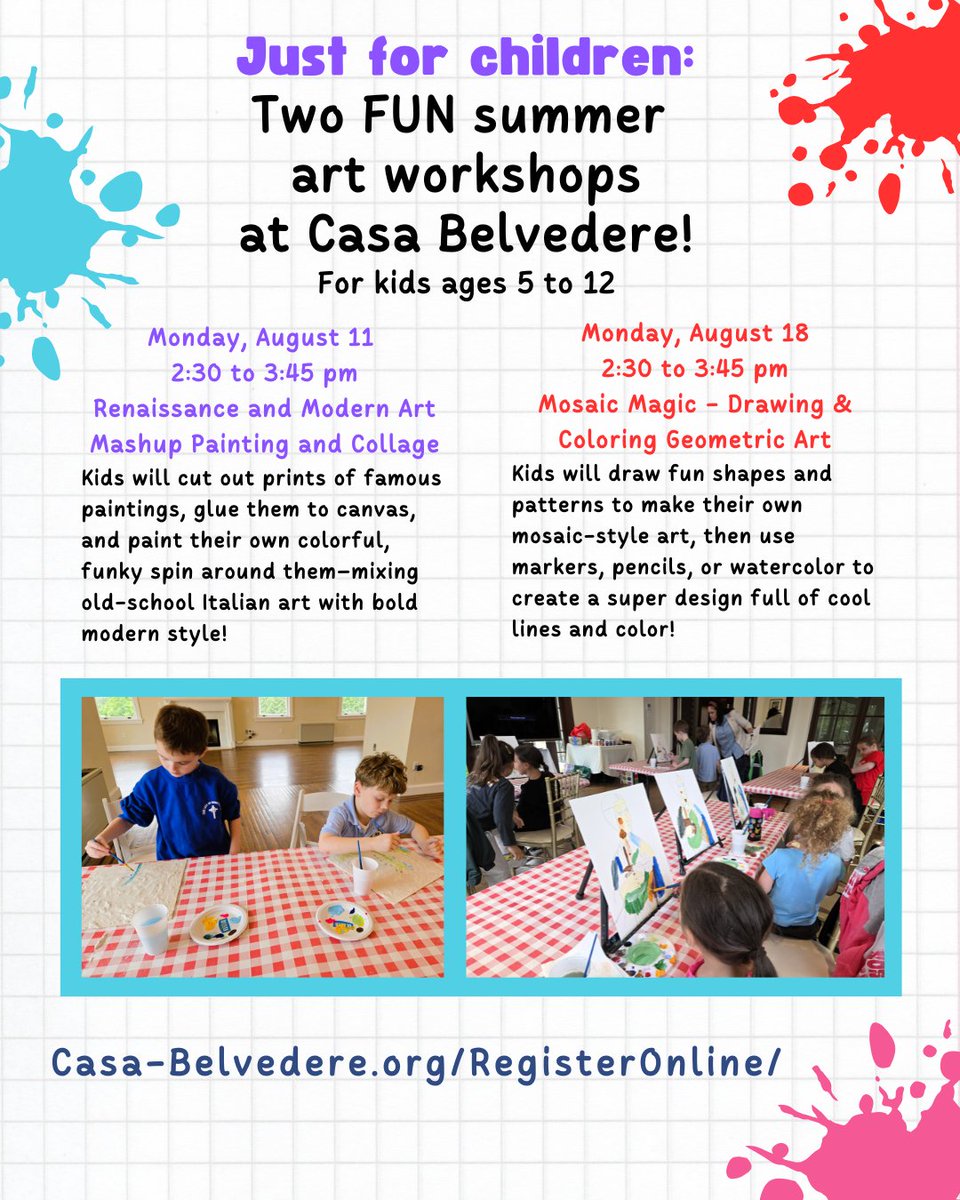 Fun for children in August: Art Lessons at Casa Belvedere, mixed in with some Italian art history! Ages 5 to 12. Register: bit.ly/3UDWyg5
#CasaBelvedere #TheItalianCulturalFoundation #StatenIsland #NYC #Kids #Children #Art #Classes #Lessons #FunWithArt  #SummerActivities