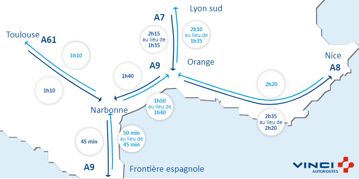 VINCIAutoroutes's tweet image. #Infotrafic à 17h00 ⏱️ Vos temps de parcours sur @A7Trafic, @A8Trafic, @A9Trafic et @A61Trafic. #BienVoyager