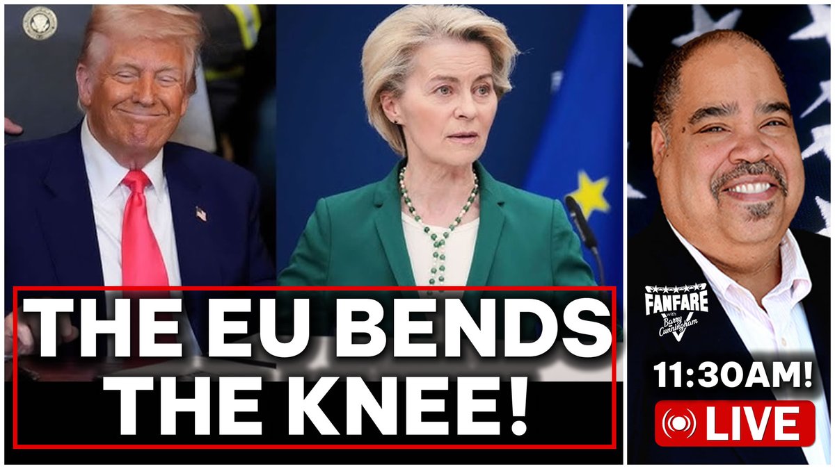 barrycunningham's tweet image. JOIN ME LIVE AT 11:30AM!
WATCH LIVE: PRESIDENT TRUMP GETS THE EUROPEAN UNION TO BEND THE KNEE IN TRADE DEAL
ON YOUTUBE AT: youtube.com/live/JtpRl4d4D…
ALSO ON RUMBLE AND X!