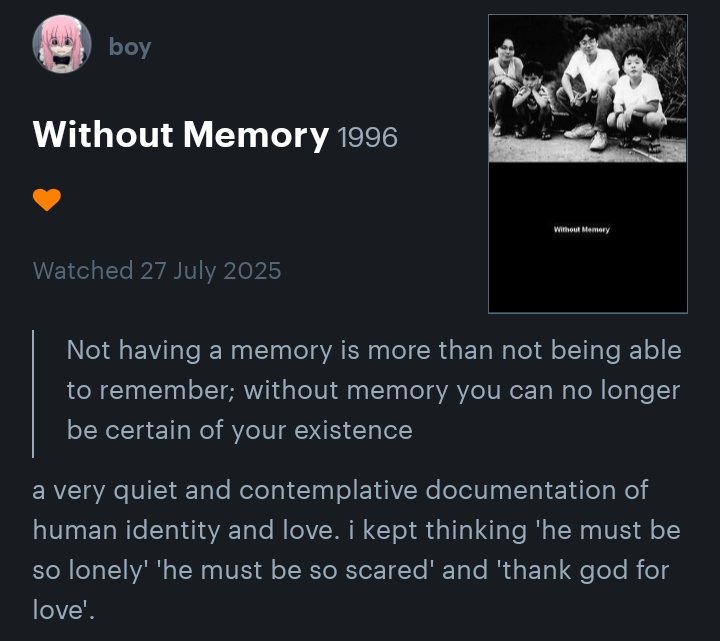 wretchedmedea's tweet image. Hirokazu Kore-eda&apos;s 1996 documentary, &apos;Without Memory&apos; reminded me how the memories of our past shape our idea of self and how uncompromising love holds that mould of us in place even when we forget who we are as there are others who remember you and your life.