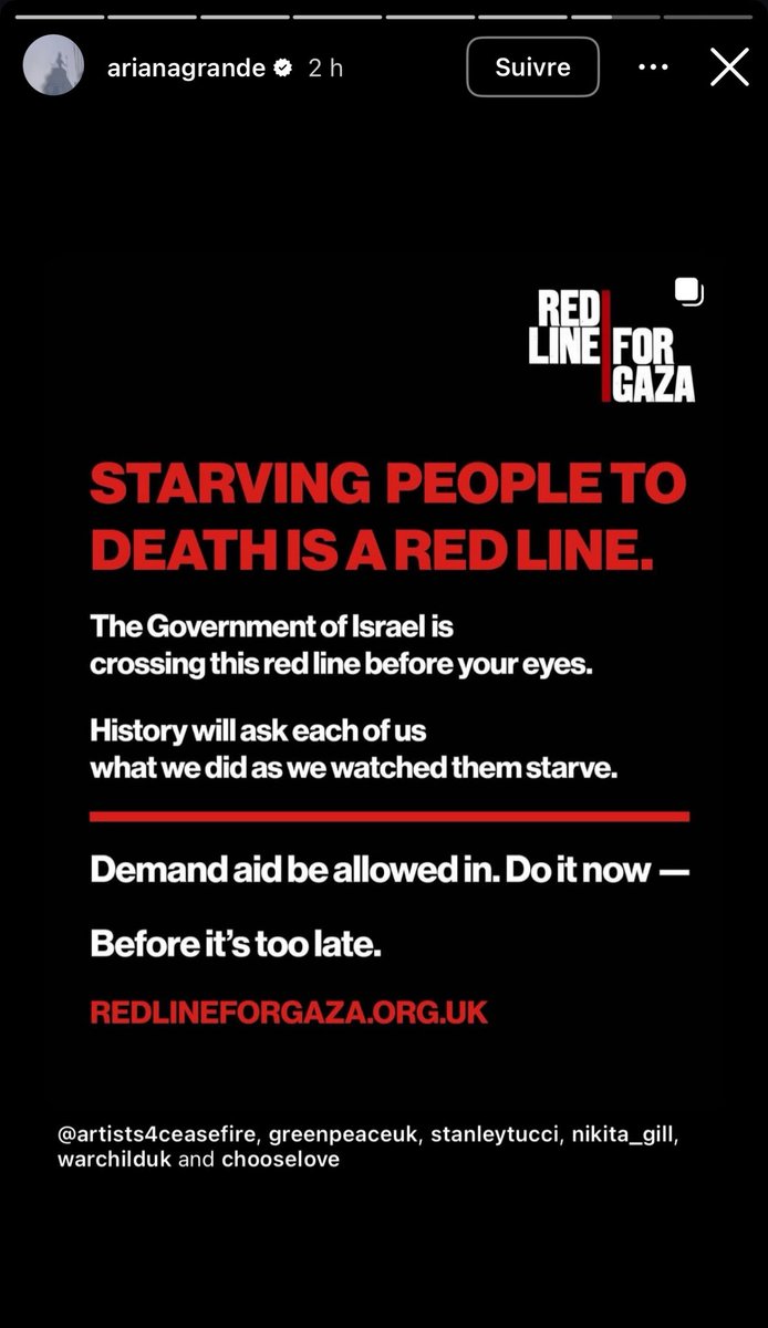 🇺🇸🇵🇸🎼 FLASH | « MOURIR DE FAIM EST UNE LIGNE ROUGE. 
Le gouvernement israélien franchit cette ligne rouge sous vos yeux. L'histoire demandera à chacun d'entre nous ce que nous avons fait en les regardant mourir de faim. Exigez que l'aide soit autorisée. Faites-le maintenant. »