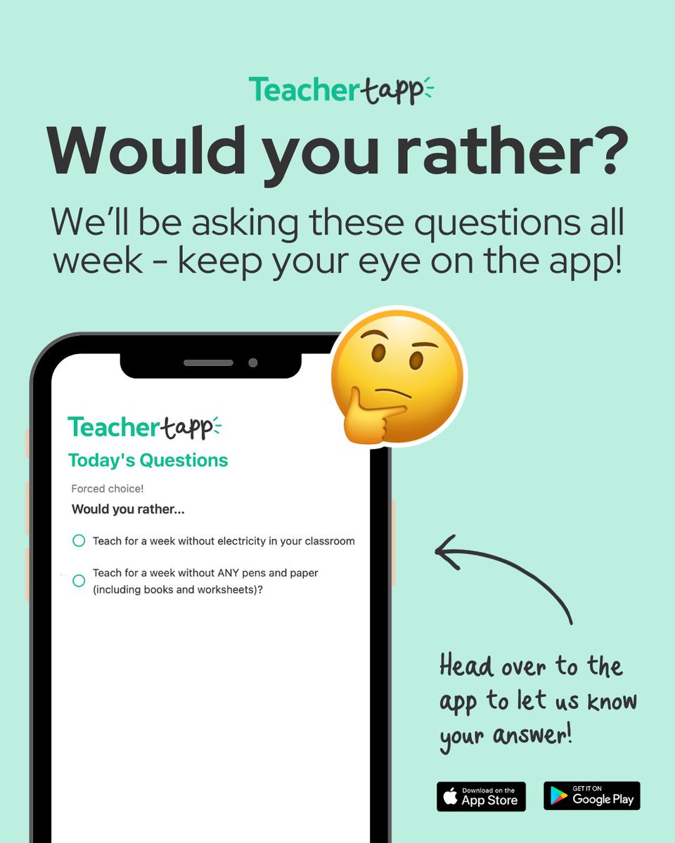 TeacherTapp's tweet image. Today on the app: Would you rather? 🤔
We’ll be asking these fun questions all week so keep an eye out on the app and join the conversation!
📲 bit.ly/DownloadTeache…