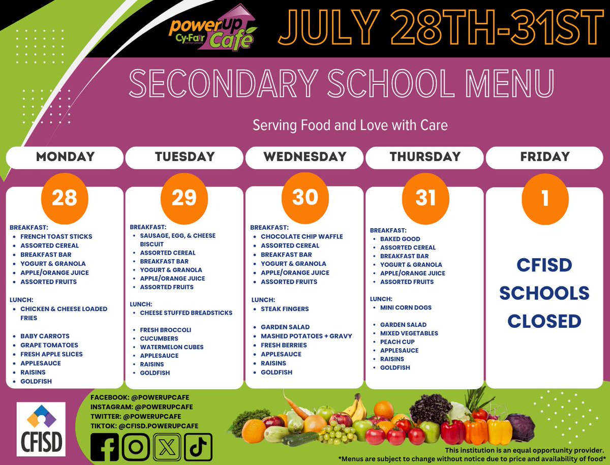 PowerUpCafe's tweet image. It's our last week of Summer Meals! This week we only have a few locations open at 3 high schools which means we only have one main menu we're working from. Enjoy your no-cost meals for your kids for the last week of July!