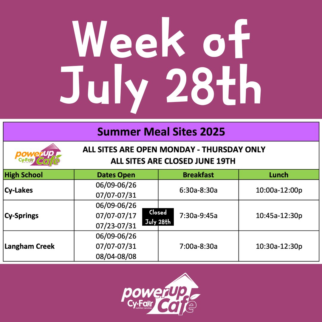 PowerUpCafe's tweet image. It's our last week of Summer Meals! This week we only have a few locations open at 3 high schools which means we only have one main menu we're working from. Enjoy your no-cost meals for your kids for the last week of July!
