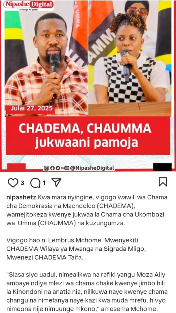 Patrick_Assenga's tweet image. Siasa sio uadui, ila adui yetu sisi WAPINZANI ni chama cha mapinduzi (CCM).
#C4C 
#ChaummaTunaendeaTulipoishia
@JohnMallya
@JonMrema
@LembrusMchome
@MwitaJulius2000