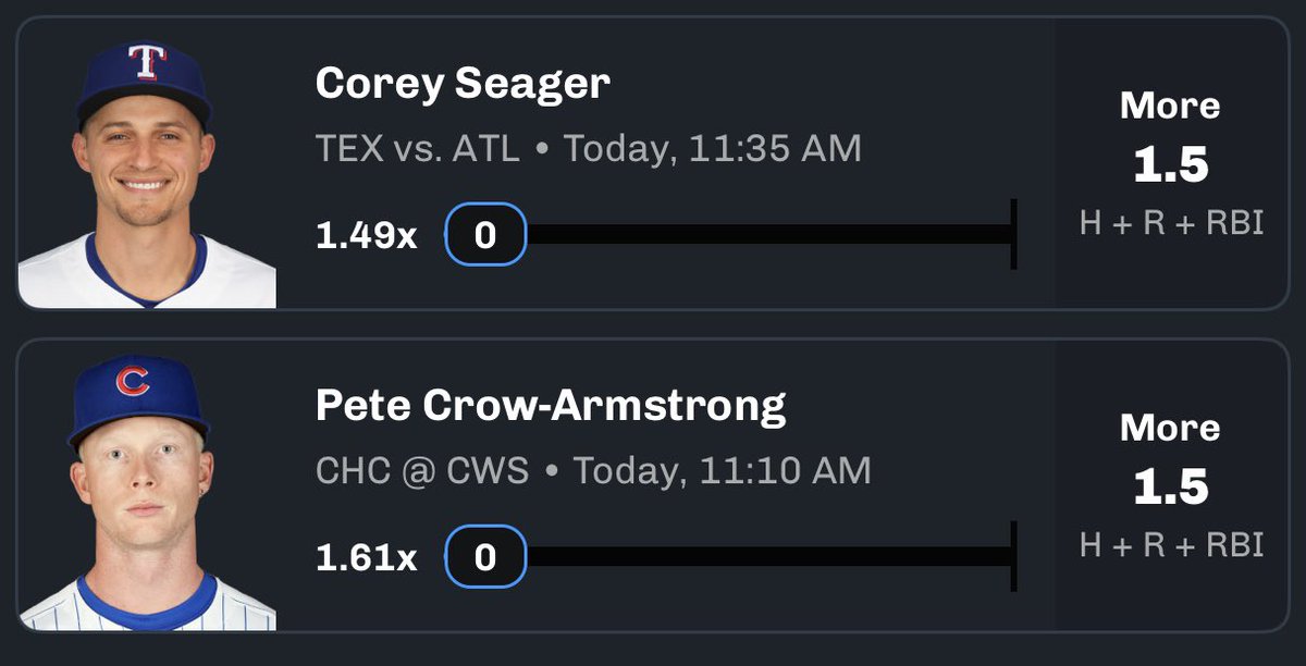 austinsprops's tweet image. The MLB CB Hitters Lay⛽️
Corey Seager 1.5 HRR “O”
Pete Crow-Armstrong 1.5 HRR “O”
We’ve smacked 2/L3 slips, let’s keep it rolling today🤞🏻
❤️IF TAILING!
Code AUSTIN on CB for $100 match! linktr.ee/AustinCB