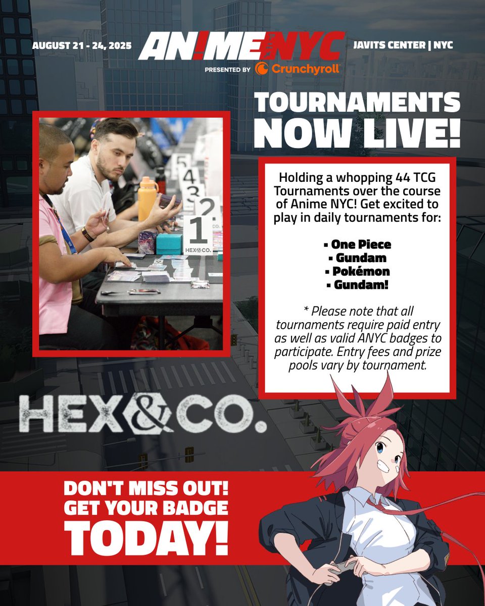 animenyc's tweet image. 🕹️ Make sure to pre-sign up for your Hex & Co gaming tournament! Spots fill up quickly, don't miss playing!
👾 LEARN MORE: loom.ly/23YuNfM
🎟️ DON'T MISS OUT! BUY YOUR BADGE TODAY @ animenyc.com/badges