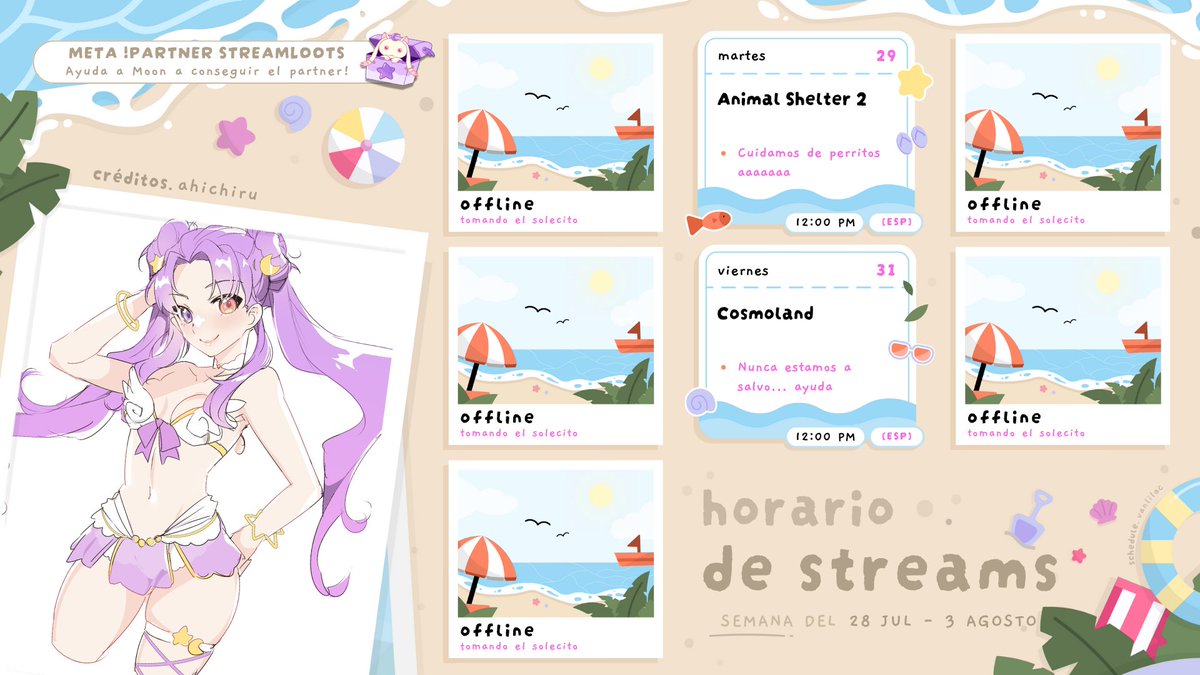 moonschica's tweet image. ‧₊☾ ⋮ Horario semanal ⋮ ☆₊‧
💜┊ Martes: Animal shelter 2 🐶
🌙┊ Viernes: Cosmoland 🦝💜
⊹ Twitch · twitch.tv/moonschica ⊹
⊹ Web · moonschica.my.canva.site ⊹
₊ arte #ahichiru ₊ horario #_vanlilac ₊