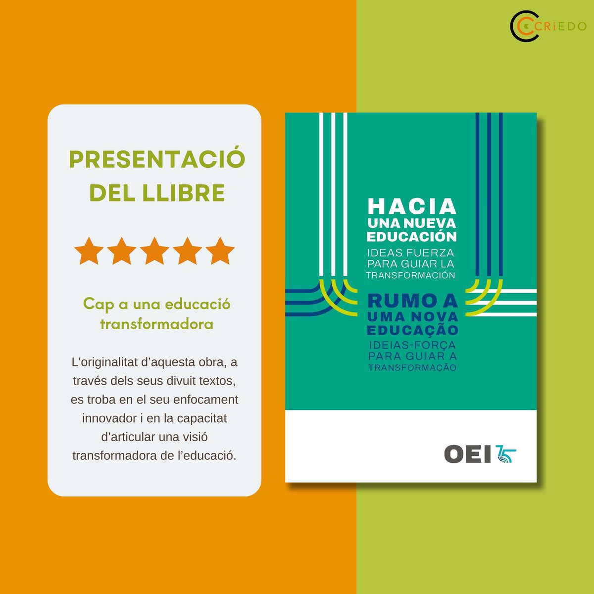 El CRiEDO ha participat en la presentació del llibre “Cap a una nova educació. Idees força per guiar la transformació”, impulsat pel Consell Assessor de l’OEI i presentat a la <a href="/UniversidadORT/">Universidad ORT Uruguay</a>.

📖 Consulta el llibre en accés obert aquí: oei.int/oficinas/secre…