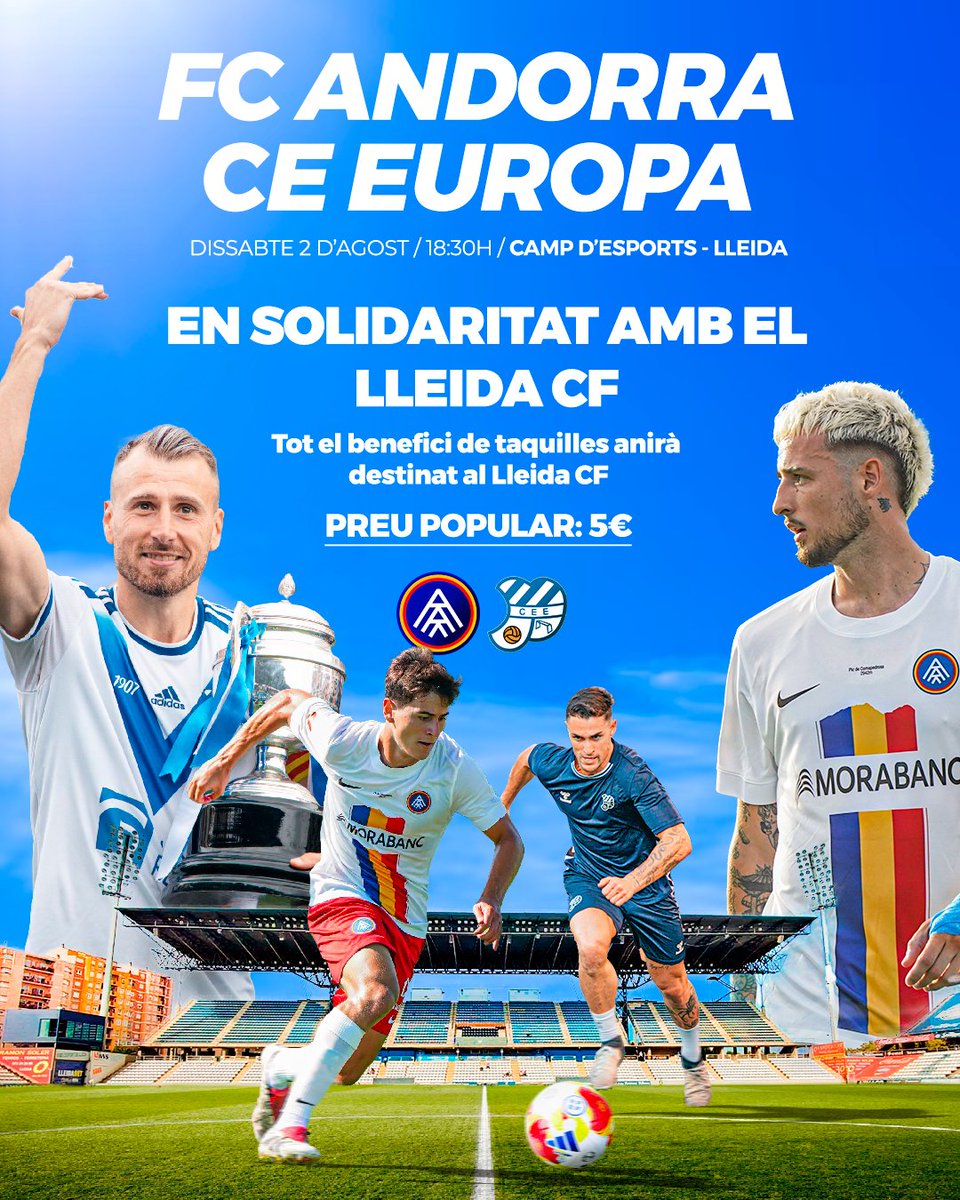 💙 En un nou i emocionant gest de solidaritat, <a href="/fcandorra/">FC Andorra</a> i <a href="/CEEuropa/">Club Esportiu Europa</a> s’enfrontaran dissabte 2 d'agost al Camp d’Esports en un partit amistós molt especial. Tot el que es recapti a les taquilles anirà íntegrament destinat al Lleida CF.

🤝 Volem expressar, de tot cor, el nostre