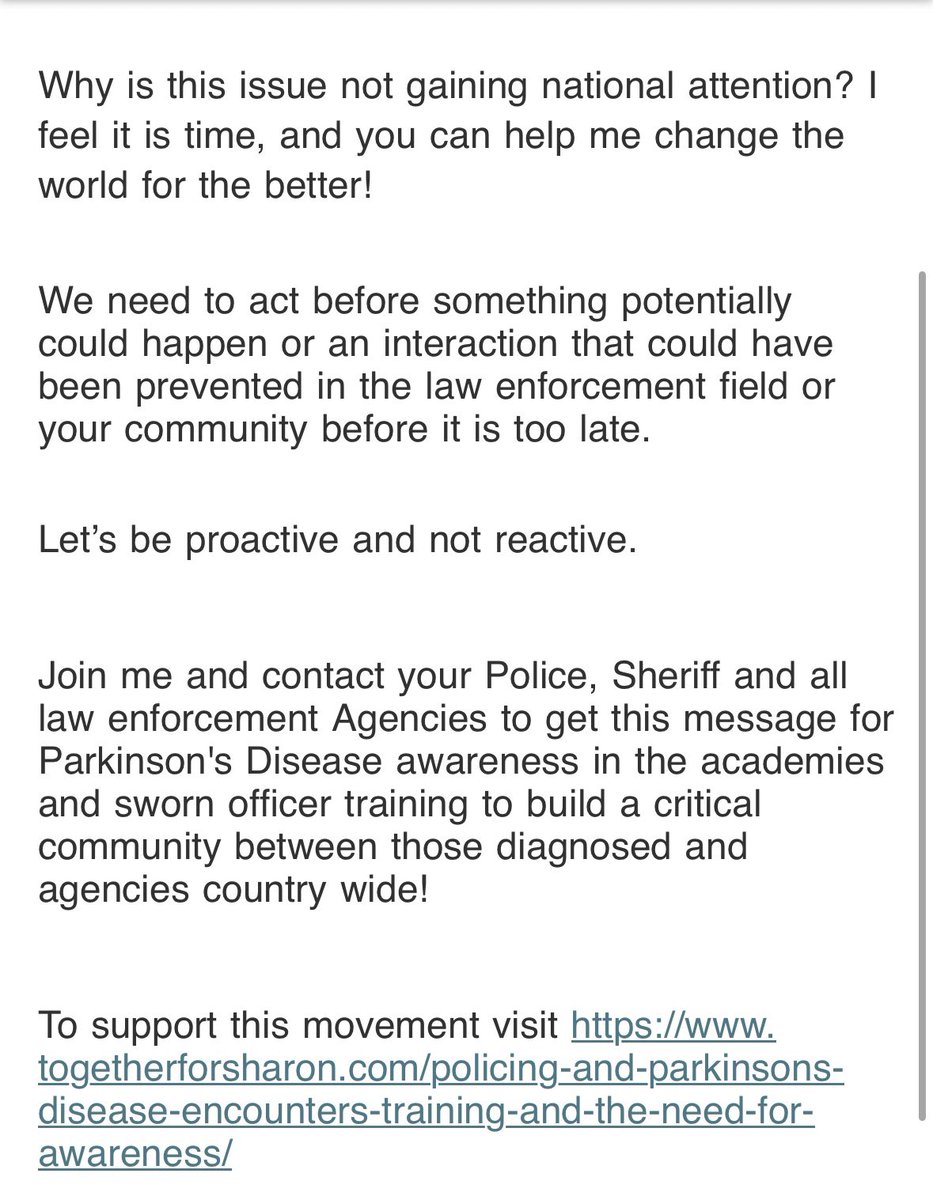 Why is this issue not gaining national attention? I feel it is time, and you can help me change the world for the better!  

To support this movement visit togetherforsharon.com/policing-and-p…
 
In memory of my mother, Sharon to voice awareness for a Parkinson's cure