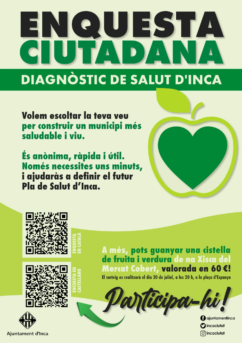 incaciutat's tweet photo. ⁉️ #IncaParticipa Volem conèixer la teva opinió per construir un municipi més saludable i viu. Ens ajudes?
👉Entra i respon: 🔗https://t.co/7EZAbfY7Hr
🍉Entraràs al sorteig d’una cistella de fruita i verdura valorada en 60€!
🙌Comptam amb tu! Només necessites uns minuts. https://t.co/9ozcqPbJ2J