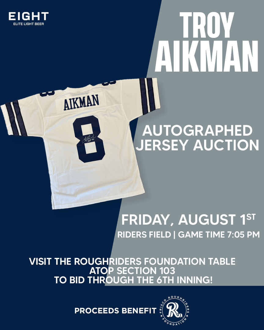RidersBaseball's tweet image. Joining us on Friday for Kickoff to Football Night? Bid on an autographed Troy Aikman jersey, courtesy of @drinkeightbeer!
Proceeds benefit the Frisco RoughRiders Foundation.
