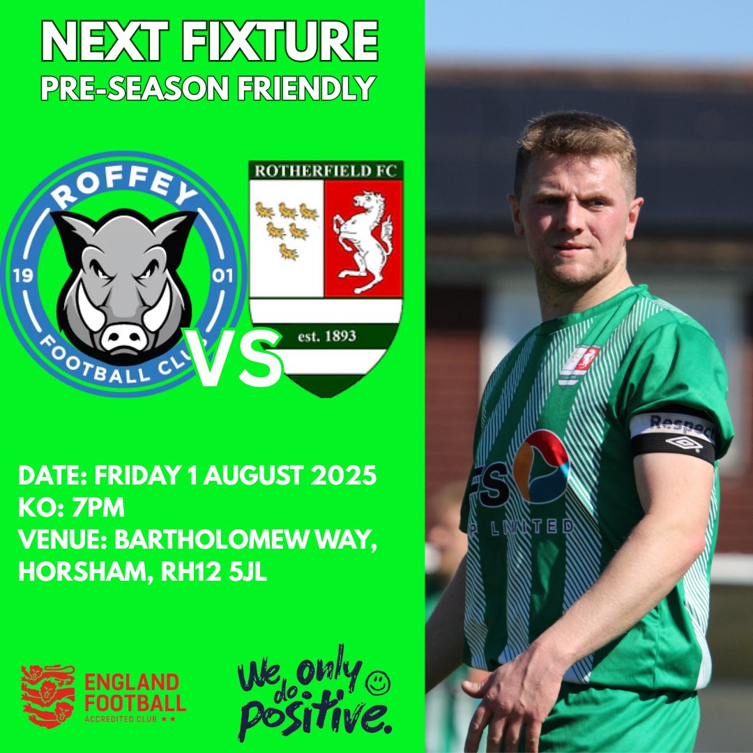 Rotherfield FC (@rfc1893) on Twitter photo We kick off our pre-season fixture programme with an away fixture. Thanks to <a href="/RoffeyFC/">Roffey Football Club</a> for being our opponents.
Note this is a Friday evening fixture kicking off at 7pm.
#uptherother💚⚽ #preseason #friendly We kick off our pre-season fixture programme with an away fixture. Thanks to <a href="/RoffeyFC/">Roffey Football Club</a> for being our opponents.
Note this is a Friday evening fixture kicking off at 7pm.
#uptherother💚⚽ #preseason #friendly