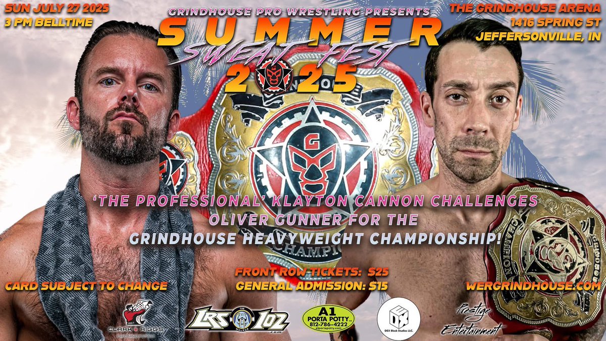KennyisChillin's tweet image. En route to Jeffersonville, Indiana for @grindhouseX’s Summer Sweat Fest this afternoon.
Doors open at 2 pm
Belltime at 3 pm