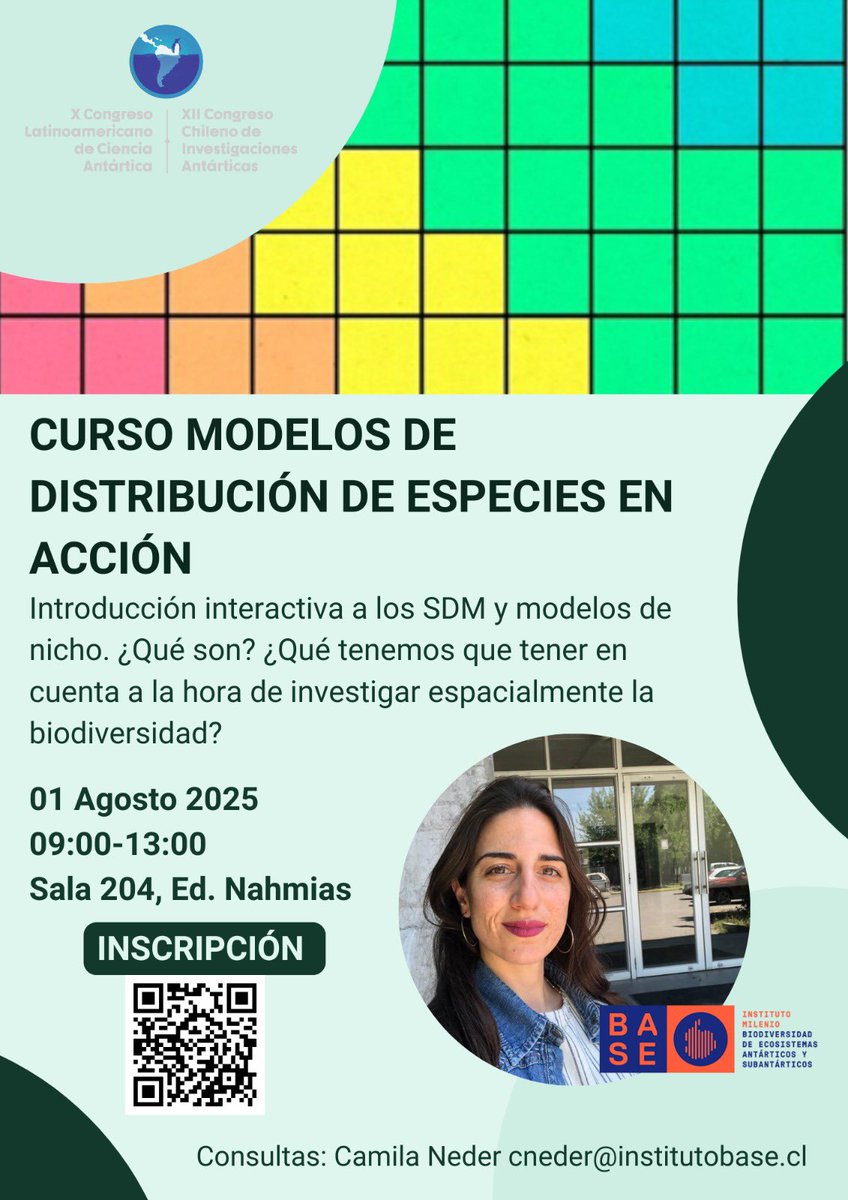 Camila Neder - Comunica al Natural (@nedercami) on Twitter photo En el Congreso Antártico, en Valdivia dictaré un mini-curso sobre Modelos de Distribución de Especies.
Será un curso interactivo de manera introductoria para comprender la aplicación de modelos espaciales y la toma de decisiones claves para la modelización de nicho
<a href="/MilenioBASE/">Instituto Milenio BASE</a> En el Congreso Antártico, en Valdivia dictaré un mini-curso sobre Modelos de Distribución de Especies.
Será un curso interactivo de manera introductoria para comprender la aplicación de modelos espaciales y la toma de decisiones claves para la modelización de nicho
<a href="/MilenioBASE/">Instituto Milenio BASE</a>
