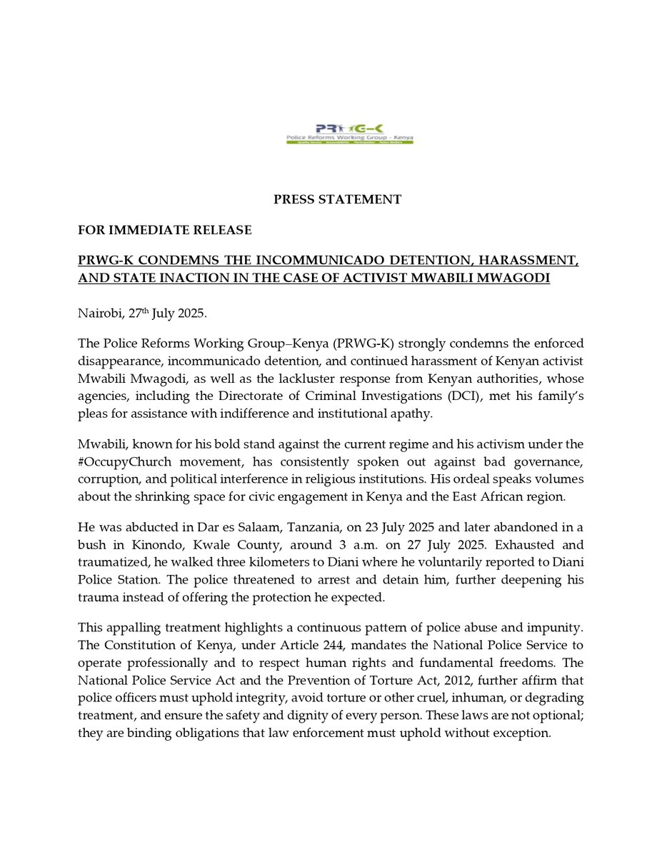 ReformsGroup's tweet image. Press statement: We condemn the enforced disappearance and incommunicado detention of activist Mwabili Mwagodi. His case exposes a chilling pattern of transnational repression and police impunity targeting human rights defenders.