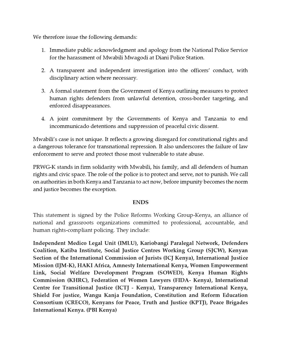 ReformsGroup's tweet image. Press statement: We condemn the enforced disappearance and incommunicado detention of activist Mwabili Mwagodi. His case exposes a chilling pattern of transnational repression and police impunity targeting human rights defenders.