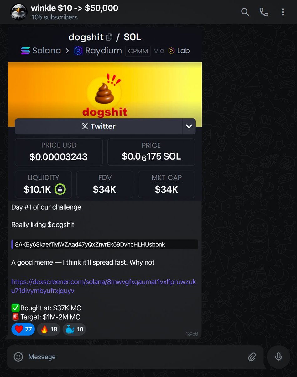 Day #1 of the $10 - $50,000 Challenge

Today we caught #dogshit
Sold at $1.1M MC - 32x

Current balance: $310
Already 105/350 people in the group

If you want to join us:  

Like &amp; retweet this post 
Comment "😈"

Only my followers will be accepted.