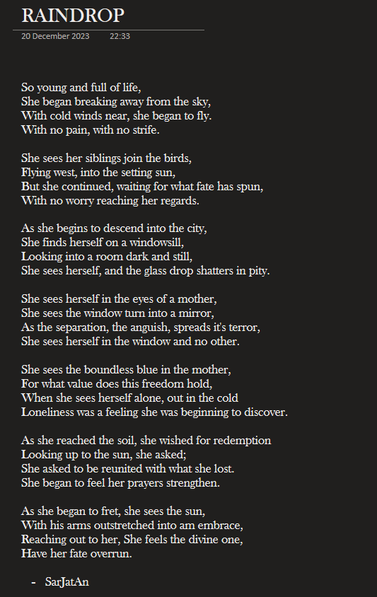 SaratJata's tweet photo. "RAINDROP"
The Price of Freedom. A tale of #LongingforHome, #Loneliness, #Introspection and ultimately #Redemption, through the eyes of a raindrop.
#poetry #metaphor #PoetryCommunity #RainPoetry
#MetaphoricalWriting https://t.co/wRVSYMSkPr