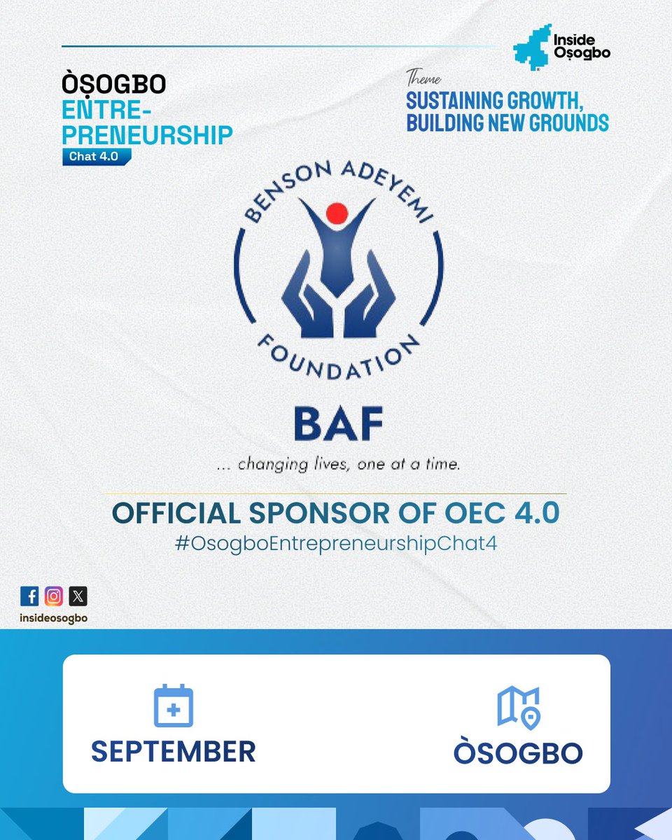 InsideOsogbo's tweet image. We are proud to announce Benson Adeyemi Foundation as one of the major sponsors of Òṣogbo Entrepreneurship Chat 4.0.
BAF is a life-changing NGO known for its impactful medical outreaches and interventions, committed to improving community health.
You can also join the…