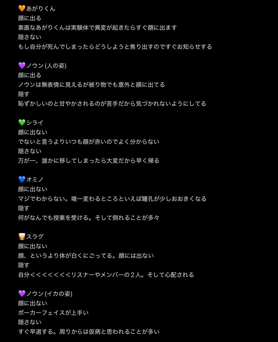 Ch1p_dama9e's tweet image. もし自分が病気になったら顔に出る？出ない？
そして隠す？隠さない？

今のところのOC達でやりました
ノウンは人とイカでちがいます