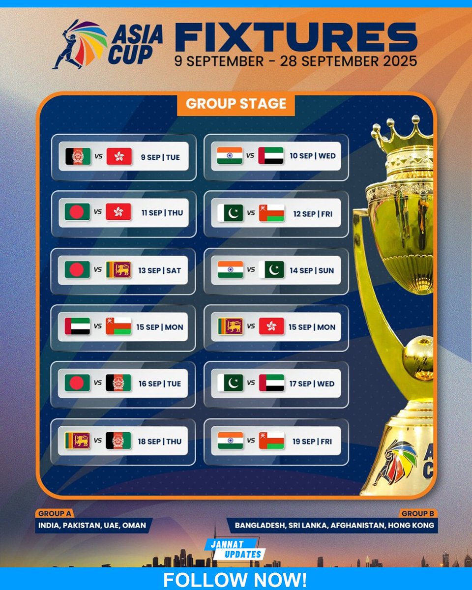 JannatUpdates18's tweet image. The Asia Cup 2025 fixtures have been announced.
The tournament begins form 9th September onwards.
As per the latest information India will face Pakistan on the 14th of September.

#AsiaCup2025 #IndVsPak