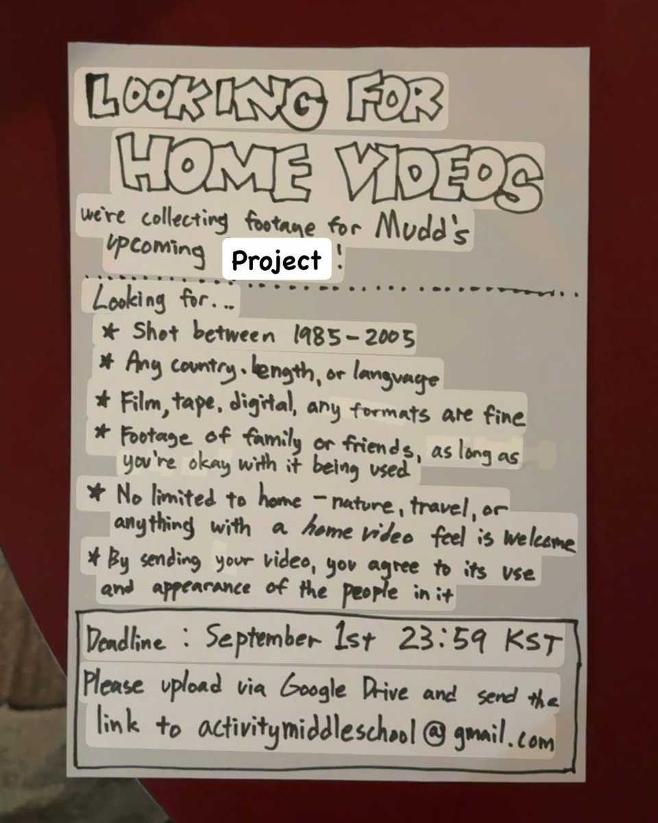 tiger_archive's tweet image. Mudd (@muddthestudent) is currently looking for 'Home Videos' for his upcoming project!
Submit your footage to
activitymiddleschool@gmail.com
Deadline: September 1st, 23:59 KST