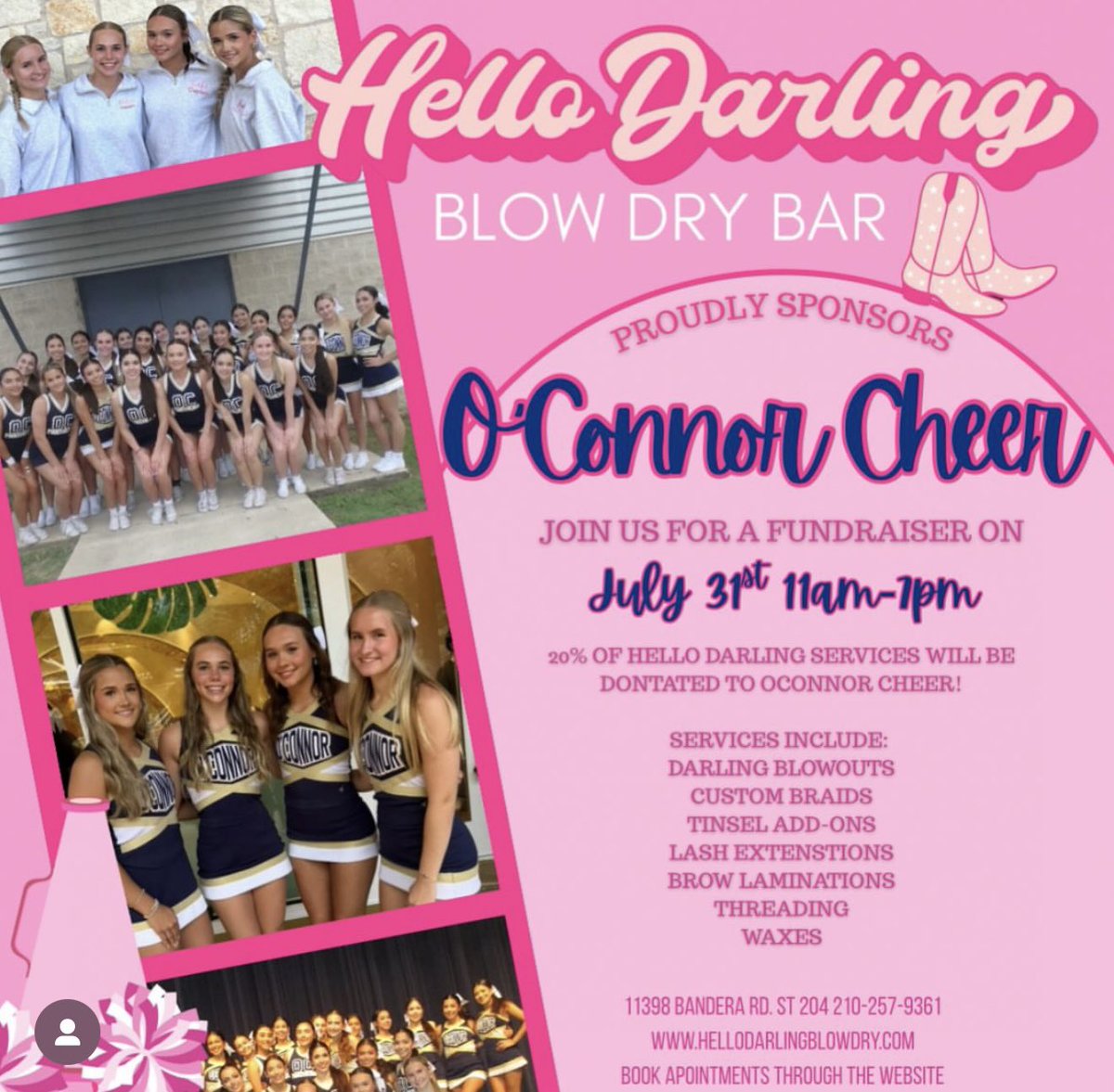 Get Game Day ready at Hello Darling Blow Dry Bar! Support O’Connor Cheer on July 31st!