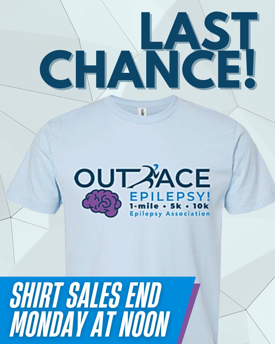 Final call for Outrace Epilepsy t-shirts! Store closes at noon tomorrow, July 28th. 

Shirts will arrive before the event, so you can wear your support on race day! Let's show people living with seizures that they are NOT alone.

Order here: epilepsy2025.itemorder.com/shop/home/