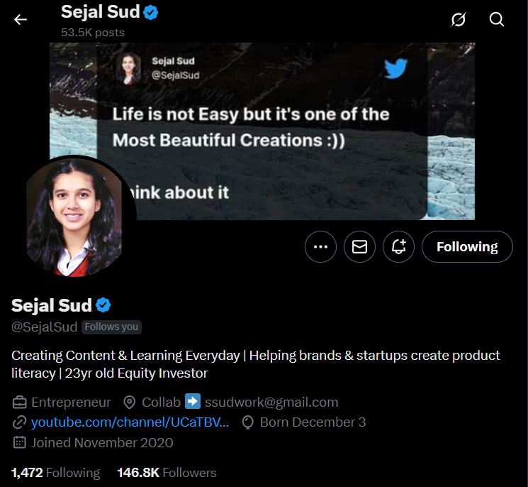 Dev_Zoi's tweet image. Still can't believe @SejalSud โฃ๏ธ followed me back today! ๐ฅน๐ฅบ
She's someone my age, yet doing such incredible things at such a young stage. ๐ฅฐ
A voice of clarity, courage, and calm strength.
Truly inspired by her journey.
This means the world to me. ๐คโจ
