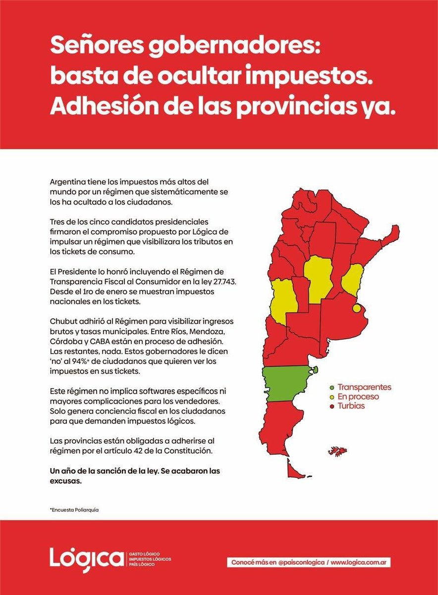 FeinmannFan's tweet image. Ya pasó un año de la sanción de la ley de transparencia fiscal para visibilizar impuestos y la ÚNICA provincia del país que se adhirió fue Chubut. Entre Ríos, Mendoza, Córdoba y CABA van en camino. Pero el 80% restante prefiere ignorar la ley.
¿Ustedes que opinan?