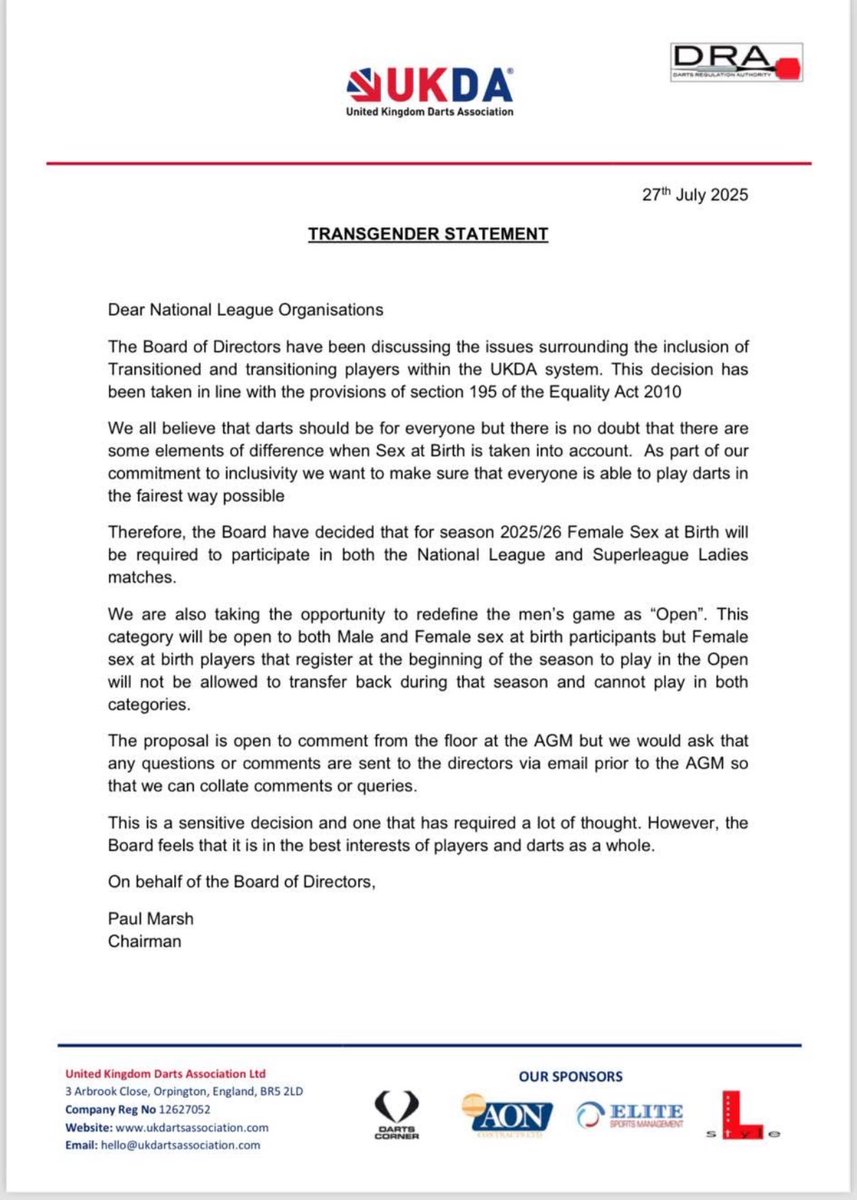 TheGobFather180's tweet image. 🚨 BREAKING NEWS 🚨
The @UKDADarts have decided to ban Transgender females from the Women’s category at both county and Superleague level in the UK.
The men’s category will be reclassified as ‘open’.