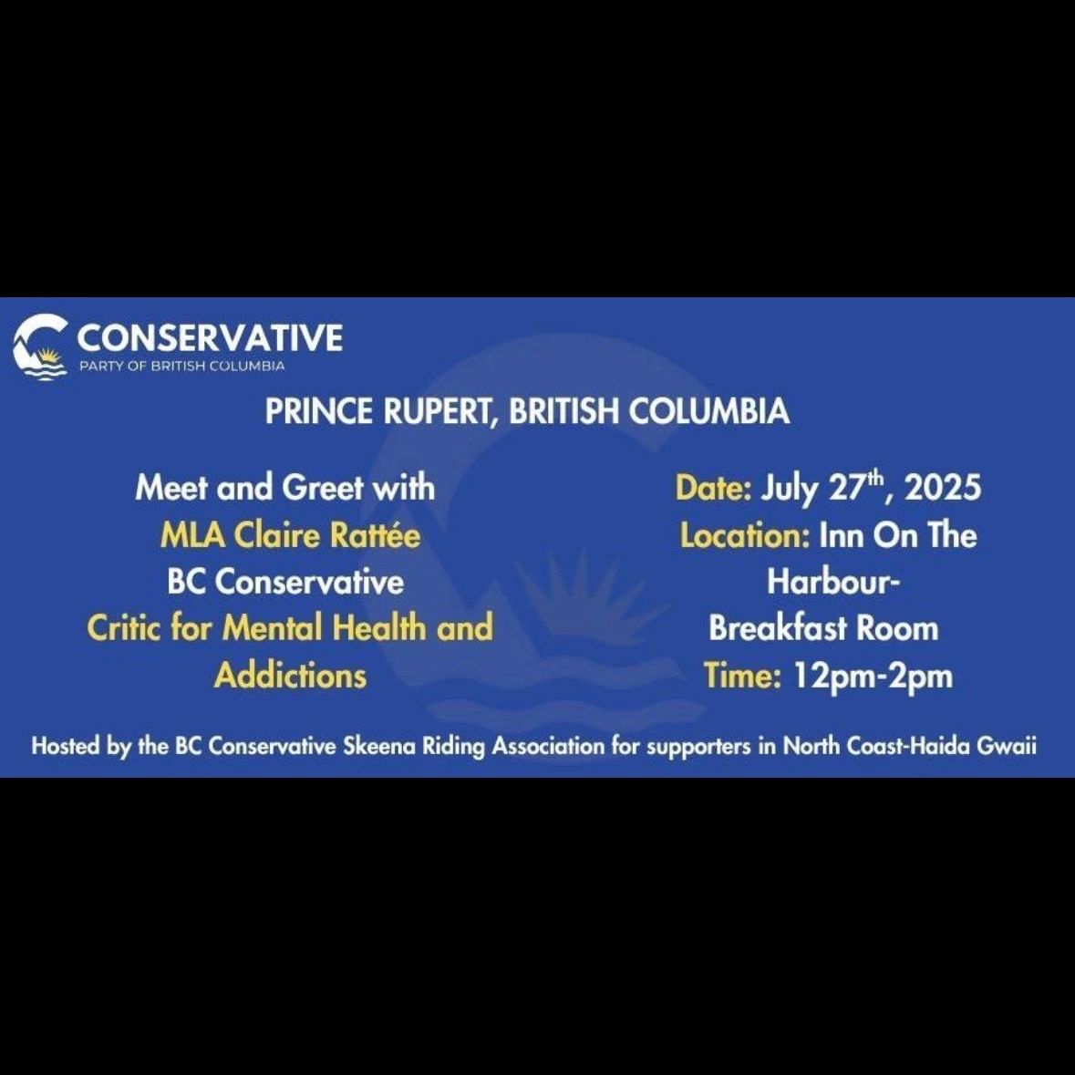 ClaireRattee's tweet image. I’ll be making a quick trip to Prince Rupert today, join me at the Inn on the Harbour for an opportunity to talk about mental health & addictions care in the province—any time between 12PM and 2PM. Hope to see you there!
#bcpoli #princerupert #MHA