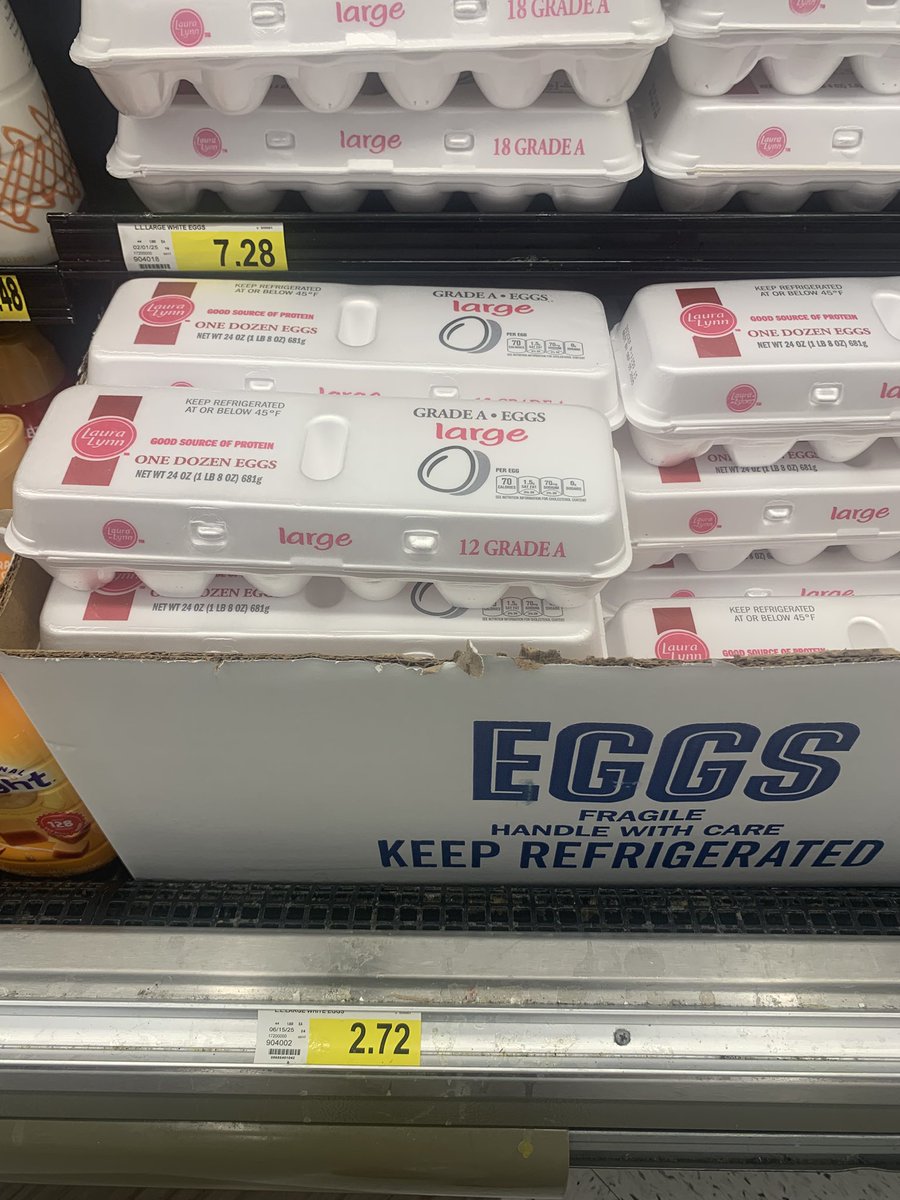 mcfarm21's tweet image. Dozen eggs $2.72. 18 eggs $7.28. That makes sense.