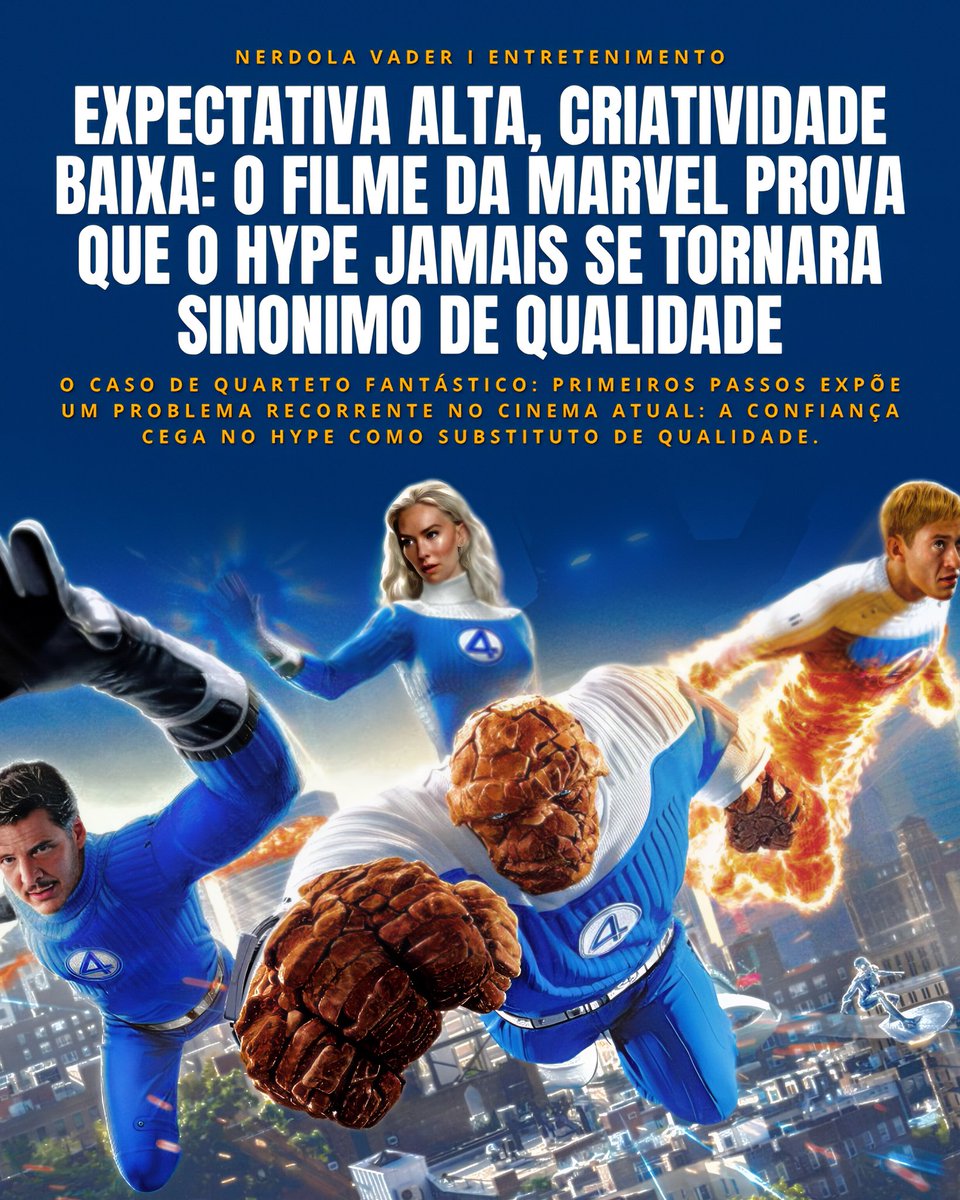 NerdolaVader's tweet image. Quarteto Fantástico: Primeiros Passos, embora tente se afastar da fórmula Marvel, surge sem identidade nessa nova reencarnação. Alta expectativa só funciona quando existe algo à altura para sustentar. Fato é que, um filme muito esperado não garante qualidade.
#FantasticFour