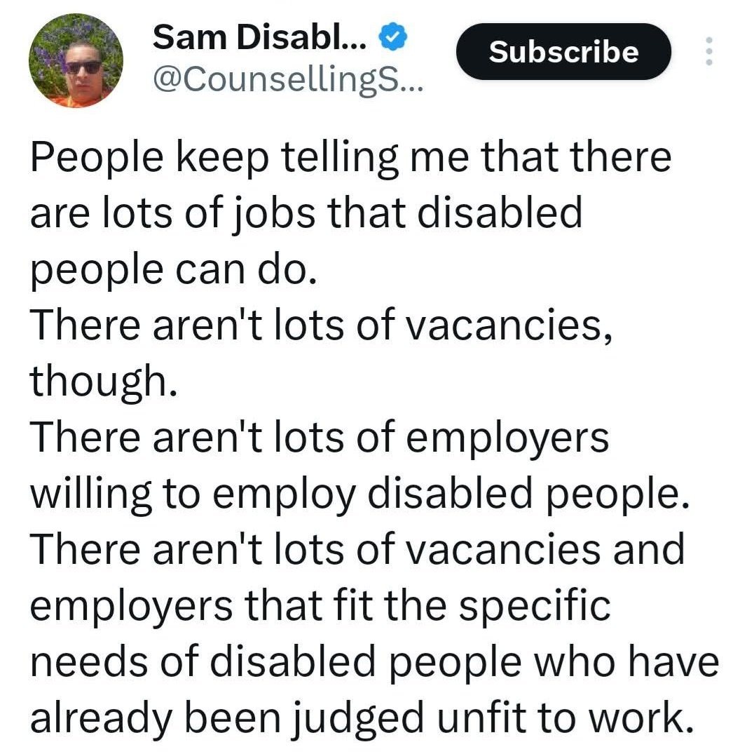 globetrotteri's tweet image. "People tell me there are lots of jobs disabled people can do. There aren't lots of vacancies. There aren't lots of employers willing to employ disabled people. There aren't lots of vacancies/employers that fit the needs of disabled people." @Counsellingsam
#DisabilityPrideMonth