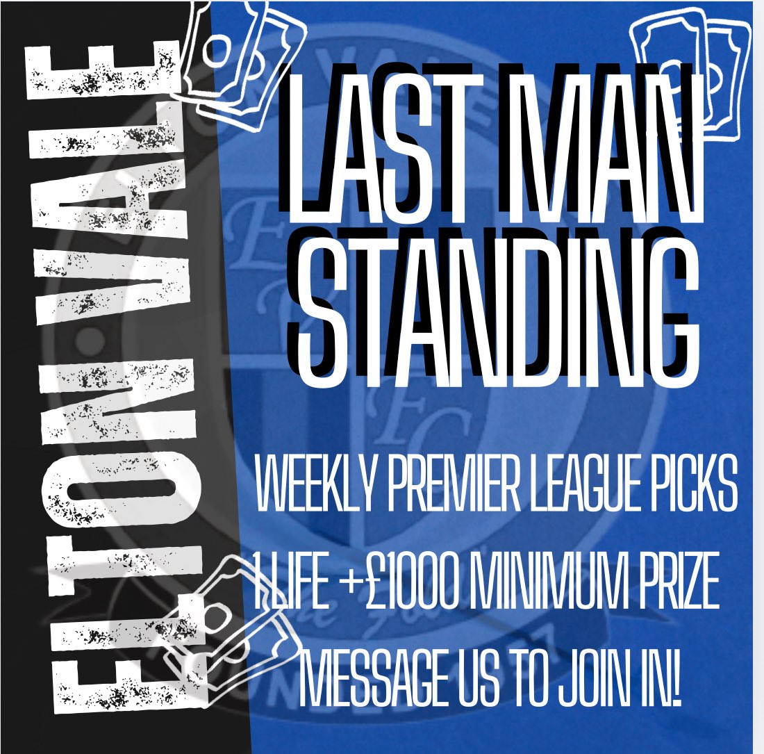 EltonValeFC's tweet image. ‼️LAST MAN STANDING‼️
If you are interested in supporting our Club and taking part in our Premier League Last Man Standing please message us for further details ! 📱
#UTV🔵⚫️