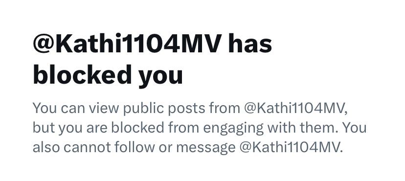 Der Klassiker: Bei geringster Kritik wird blockiert. So wie <a href="/Kathi1104MV/">Kathrin🦅</a> #lassteuchnichtverarschen von den Neuen Rechten