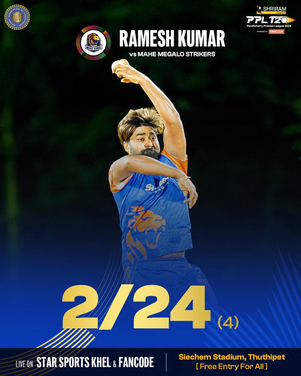 🌀 Tight lines, smart variations — Ramesh Kumar’s spell had it all!

🗓️ July 6 – 27, 2025
📍 Siechem Stadium, Thuthipet (Free Entry)
📺 Live on Star Sports Khel 
📱 Streaming on FanCode

#ShriramCapitalPPL #PPL2025 #PondicherryPremierLeague #PondicherryCricket