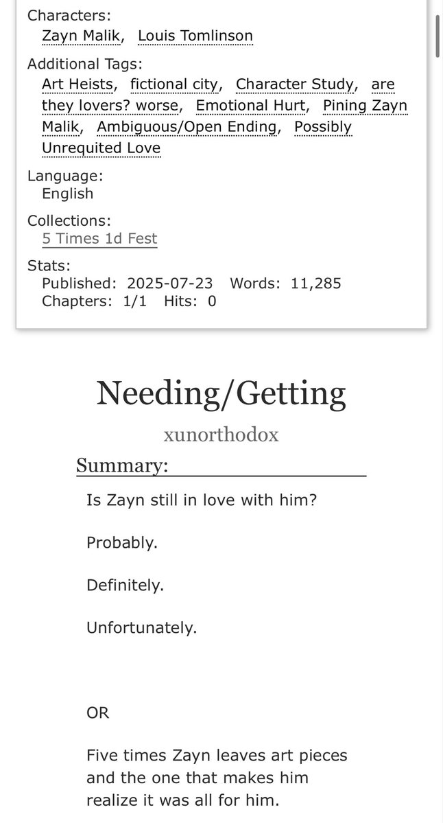 ltwritten's tweet image. Needing/Getting
Zouis | for @5times1dfest | AO3
The five pieces of graffiti Zayn left to get his attention and the one piece that made him understand it was all for him.
🔗: archiveofourown.org/works/66930415…