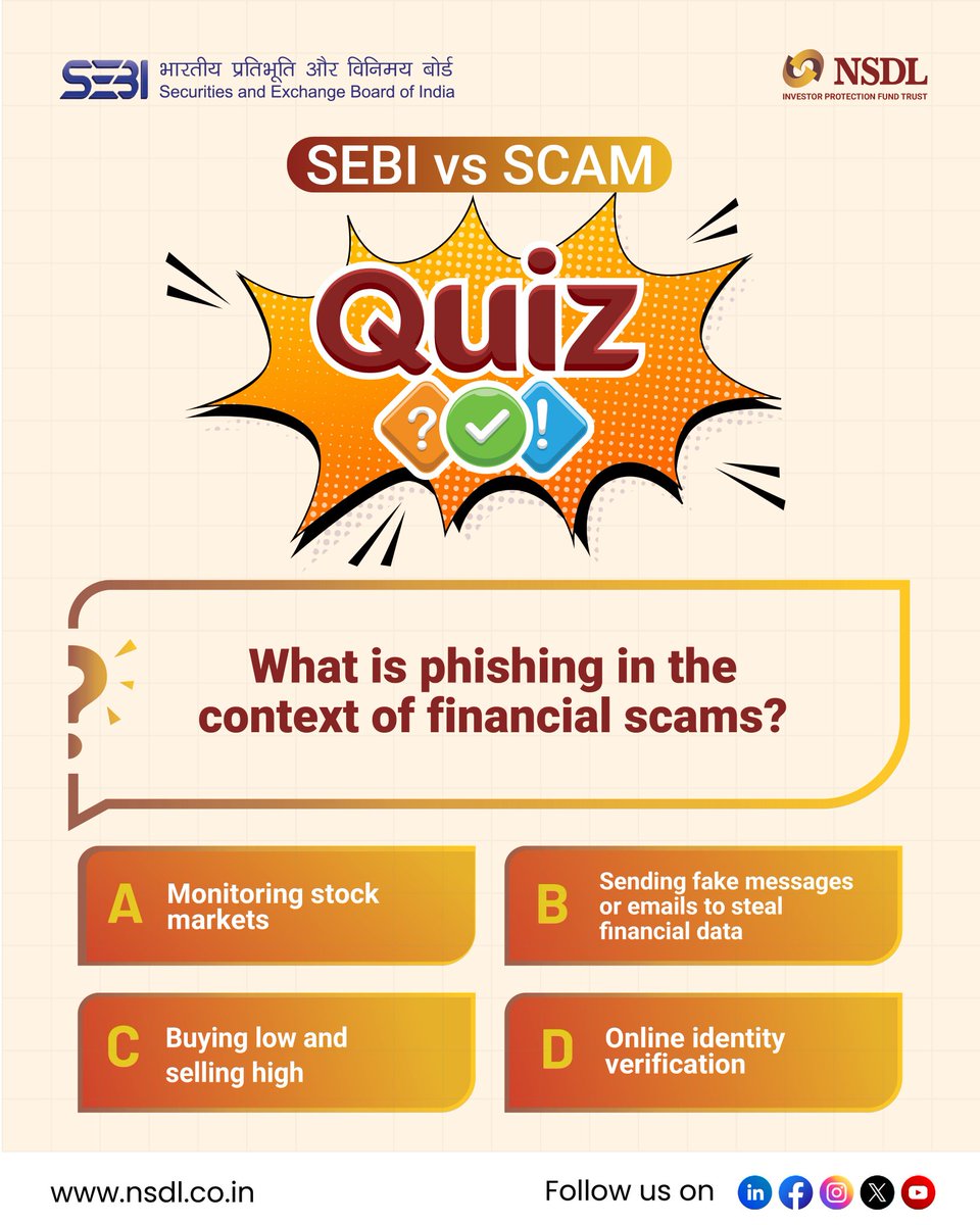Join #SEBIvsSCAM Quiz Contest!

Win ₹10,000 Amazon Vouchers if you answer all the Five quizzes posted during 25th July – 31st July!!

Contest Dates: 25th July – 31st July 2025

Quiz Rules:

1.Mention the correct answers in the comment section along with #SEBIvsSCAM

2.Follow