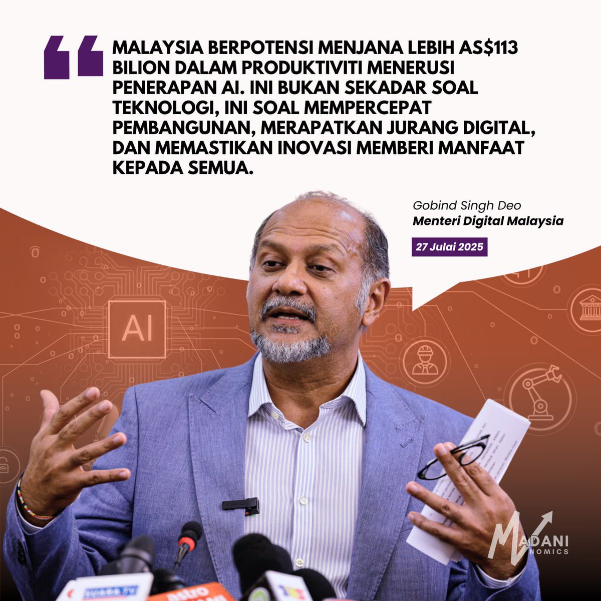 MadaniNomics π²πΎ (@madaninomics) on Twitter photo MNNews π Gobind: AI Bakal Jana AS$113 Bilion Produktiviti Malaysia
Malaysia berpotensi menjana lebih AS$113 bilion dalam produktiviti menerusi penerapan kecerdasan buatan generatif (AI), kata Menteri Digital, <a href="/GobindSinghDeo/">Gobind Singh Deo π²πΎ</a>. Dalam ucapannya di Persidangan Dunia Kecerdasan MNNews π Gobind: AI Bakal Jana AS$113 Bilion Produktiviti Malaysia
Malaysia berpotensi menjana lebih AS$113 bilion dalam produktiviti menerusi penerapan kecerdasan buatan generatif (AI), kata Menteri Digital, <a href="/GobindSinghDeo/">Gobind Singh Deo π²πΎ</a>. Dalam ucapannya di Persidangan Dunia Kecerdasan