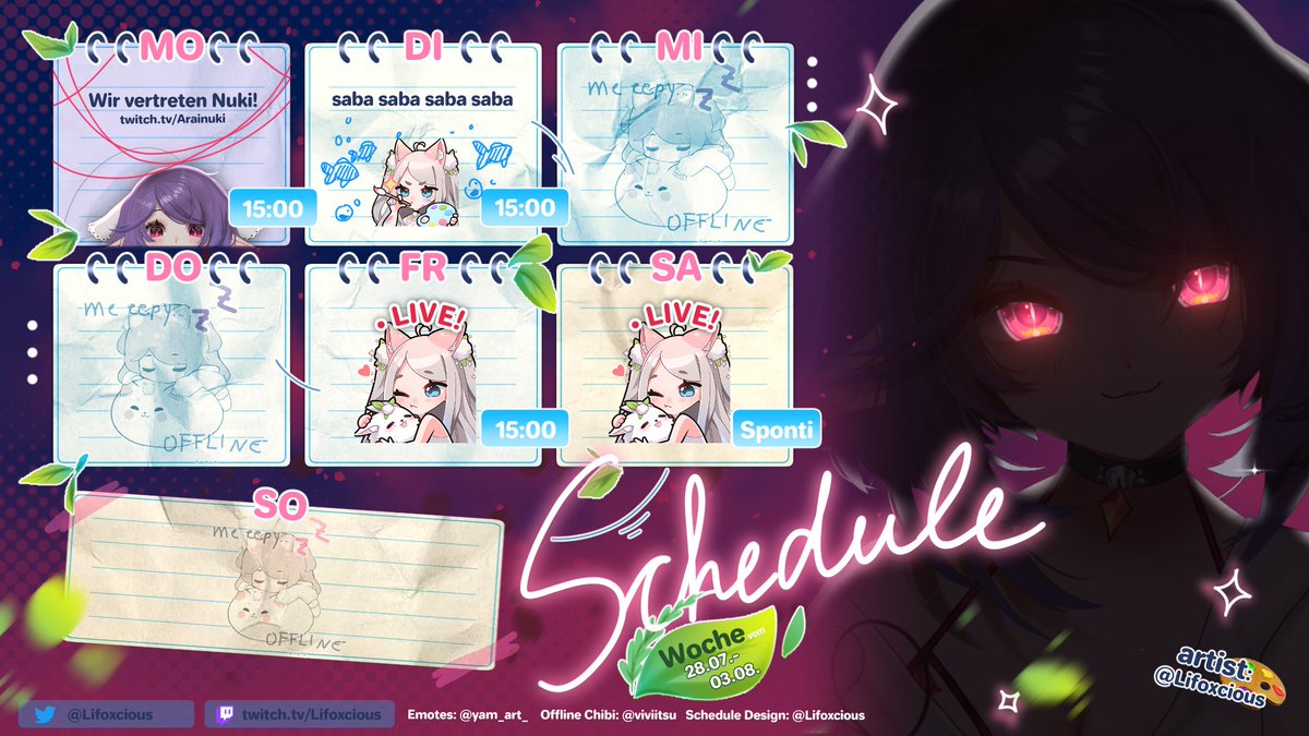 Lifoxcious's tweet image. 🌱 Streamplan 28.07.- 04.08. 🌱
🤍 MO ➜ Vertretung bei Nuki | ART
🤍 DI ➜ ART
🤍 FR ➜ LIVE
🤍 SA ➜ LIVE
Es wird endlich wieder gezeichnet!! Der Rest der Woche läuft etwas spontaner ab. Gibt es wieder Gaming oder wird durchgeknechtet? Lassen wir uns überraschen! ✨