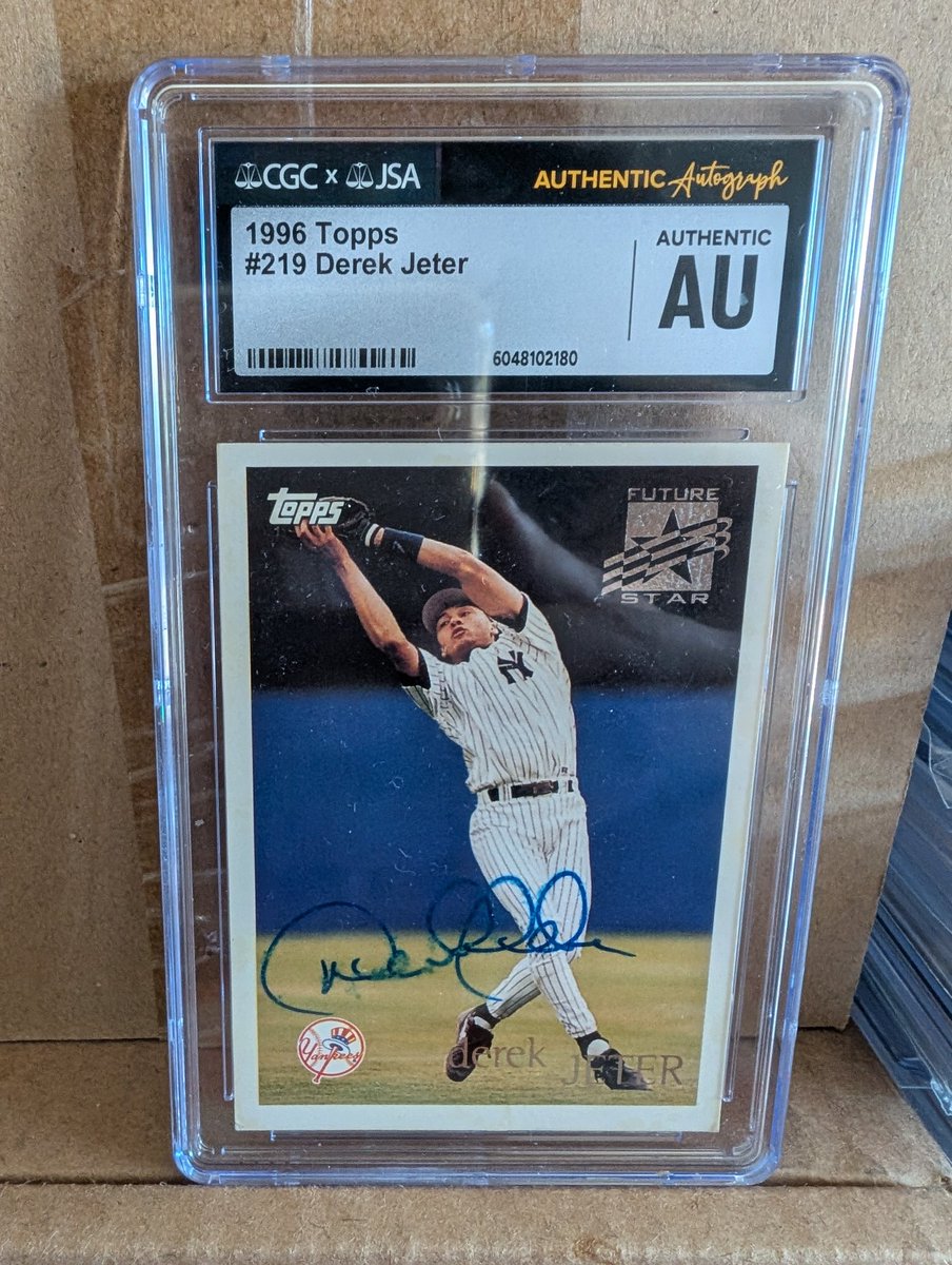 NickVanExelent's tweet image. Got plenty of cards for sale atm... Here are a few....
1996 Topps Jeter signed (auto smeared) - $250
Brock Bowers Rookie Rush SGC 9.5/10 Auto $125
Jaren Jackson Flawless Auto $120
Drake Maye Emergent no huddle PSA 10 - $75
add ship